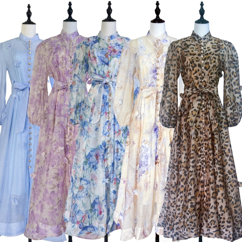 Autumn lantern sleeve flowers single-breasted dress