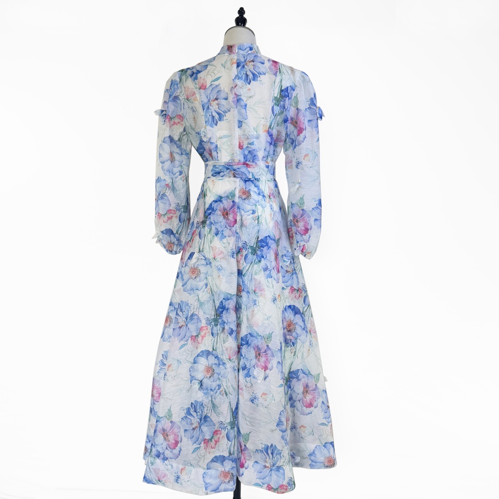 Autumn lantern sleeve flowers single-breasted dress