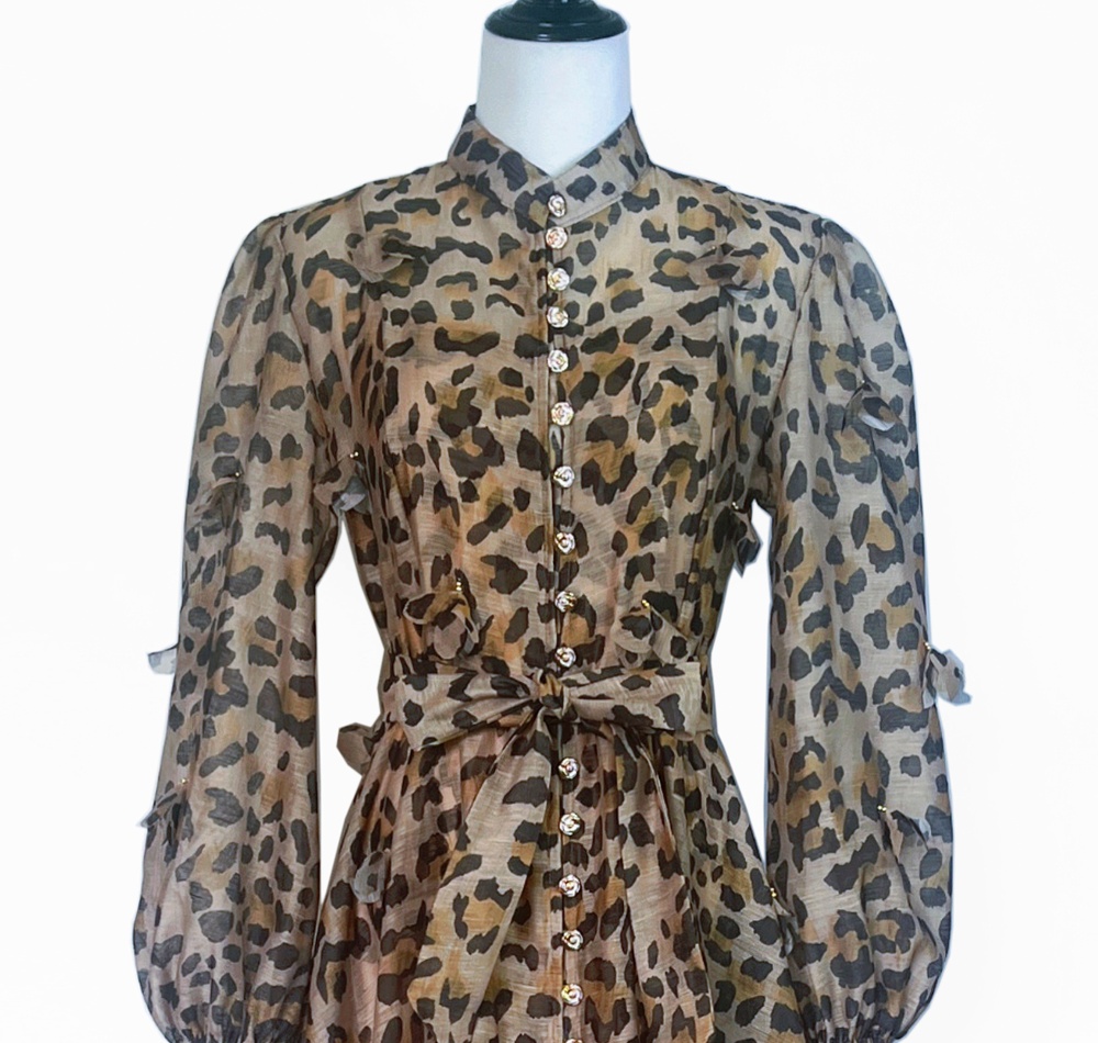 Autumn lantern sleeve flowers single-breasted dress