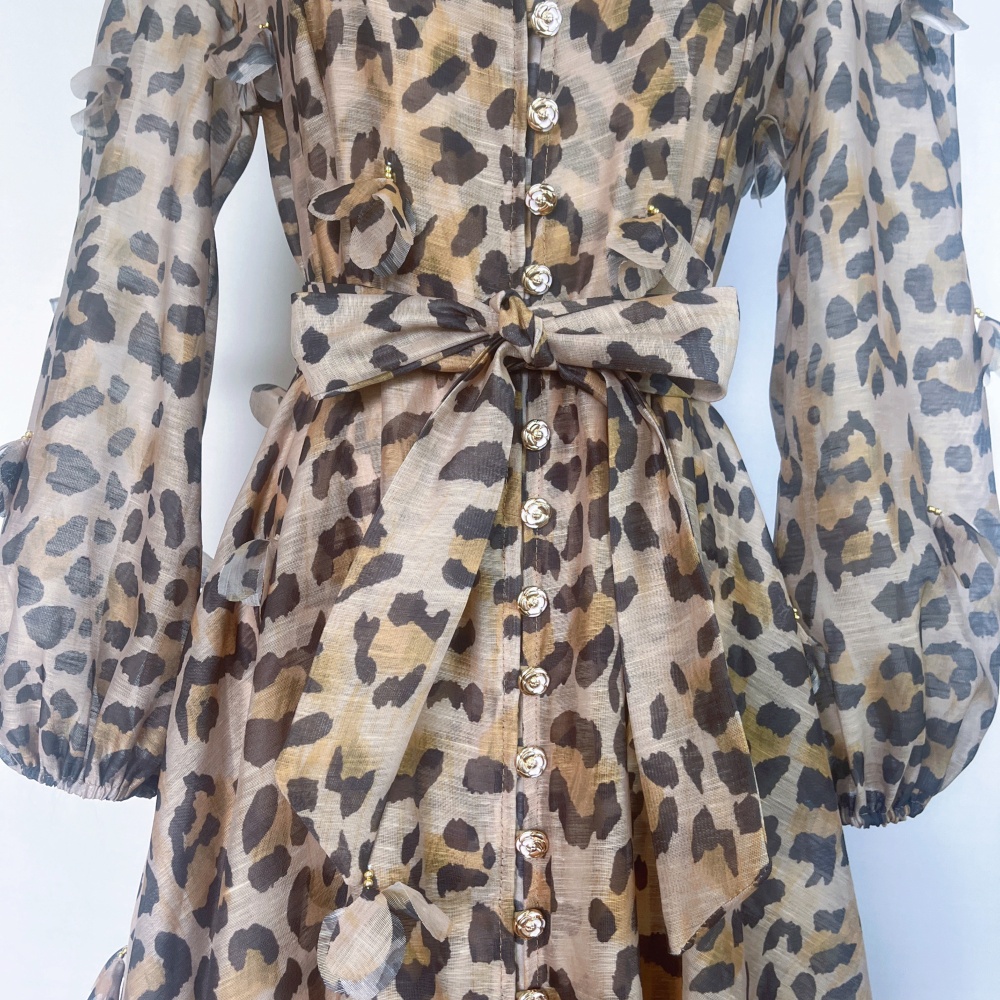 Autumn lantern sleeve flowers single-breasted dress