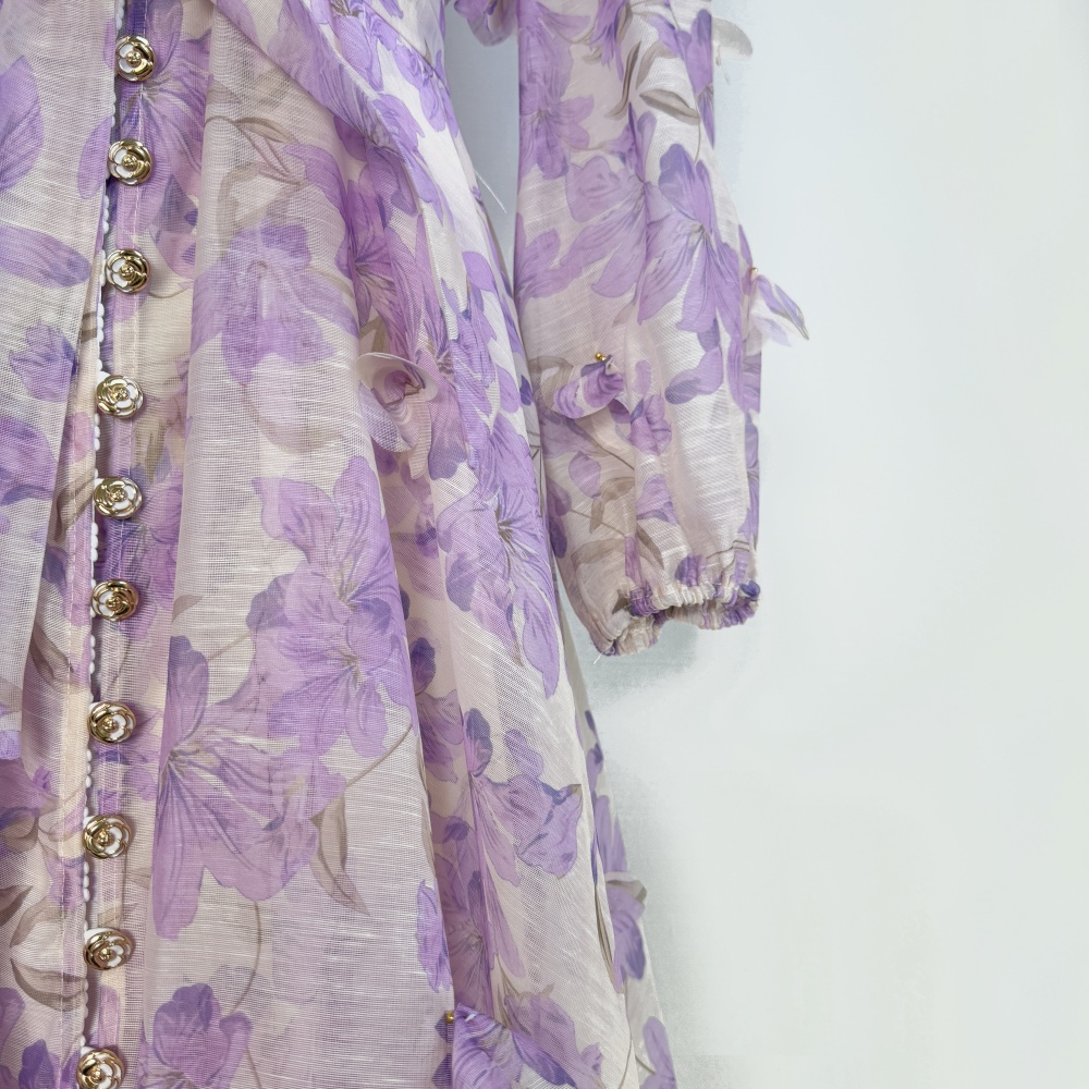 Autumn lantern sleeve flowers single-breasted dress