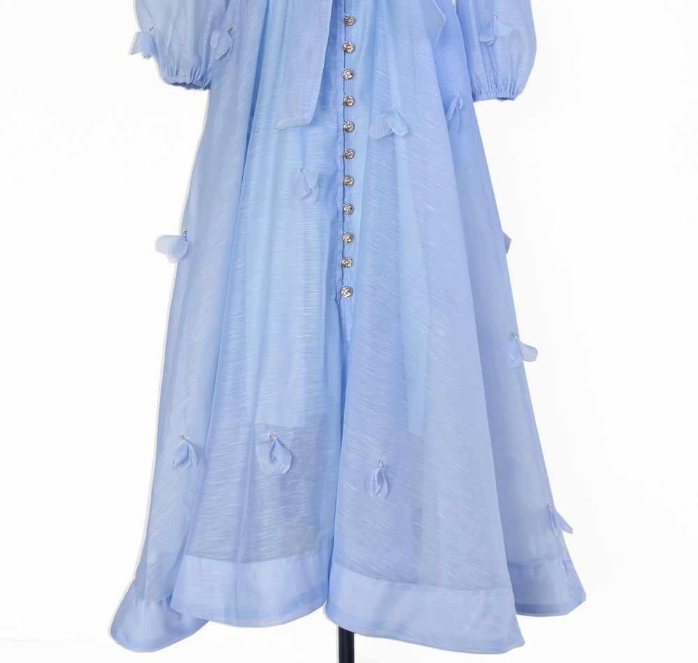 Autumn lantern sleeve flowers single-breasted dress