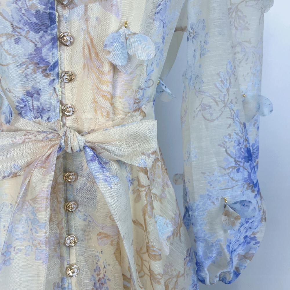 Autumn lantern sleeve flowers single-breasted dress