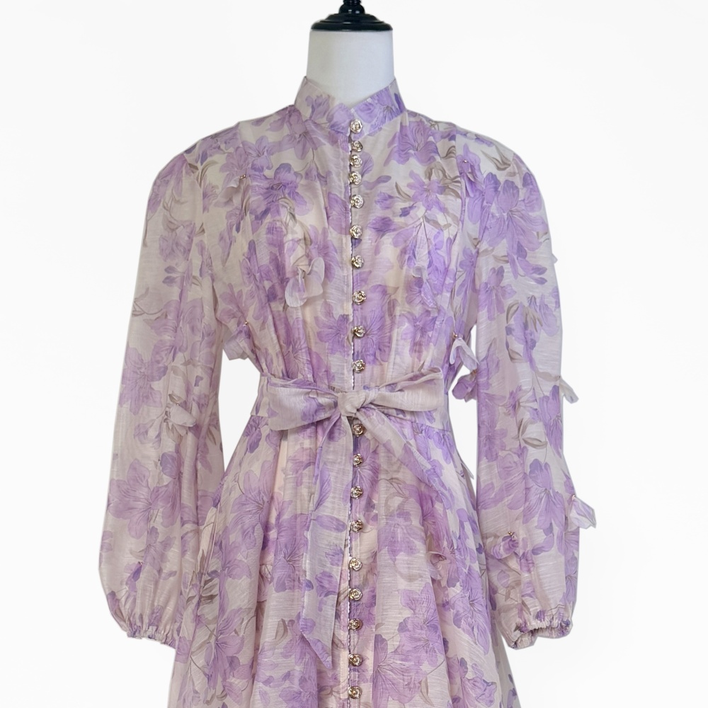 Autumn lantern sleeve flowers single-breasted dress