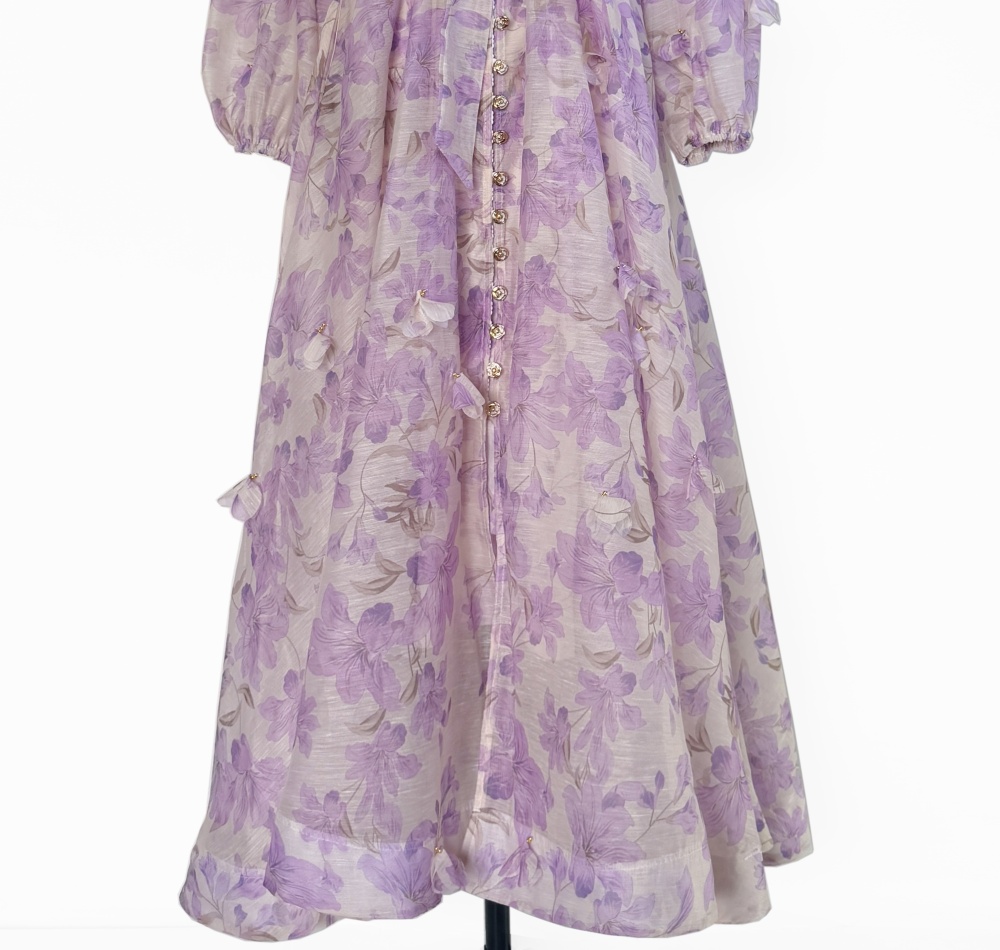 Autumn lantern sleeve flowers single-breasted dress