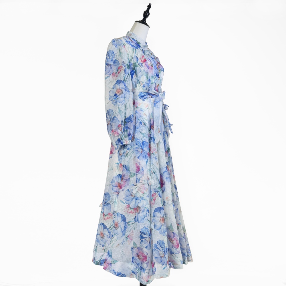 Autumn lantern sleeve flowers single-breasted dress