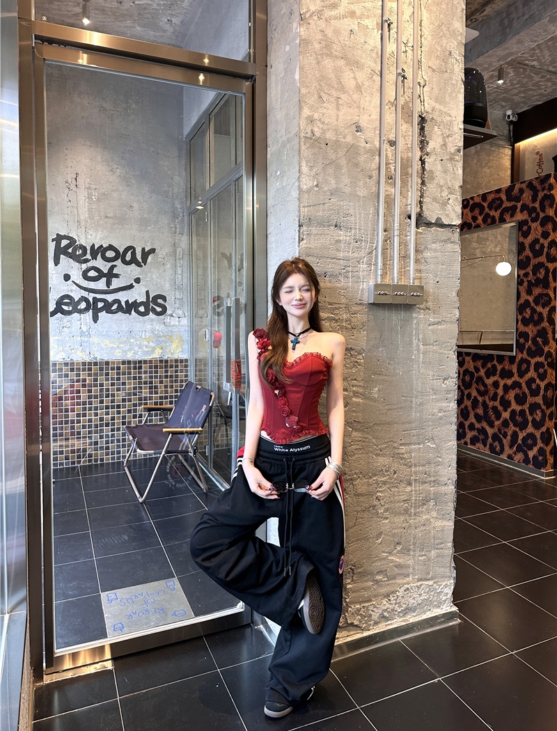 Sling drawstring casual pants double waistband tops