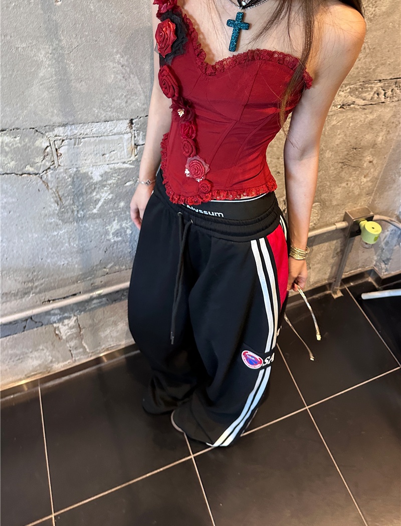 Sling drawstring casual pants double waistband tops