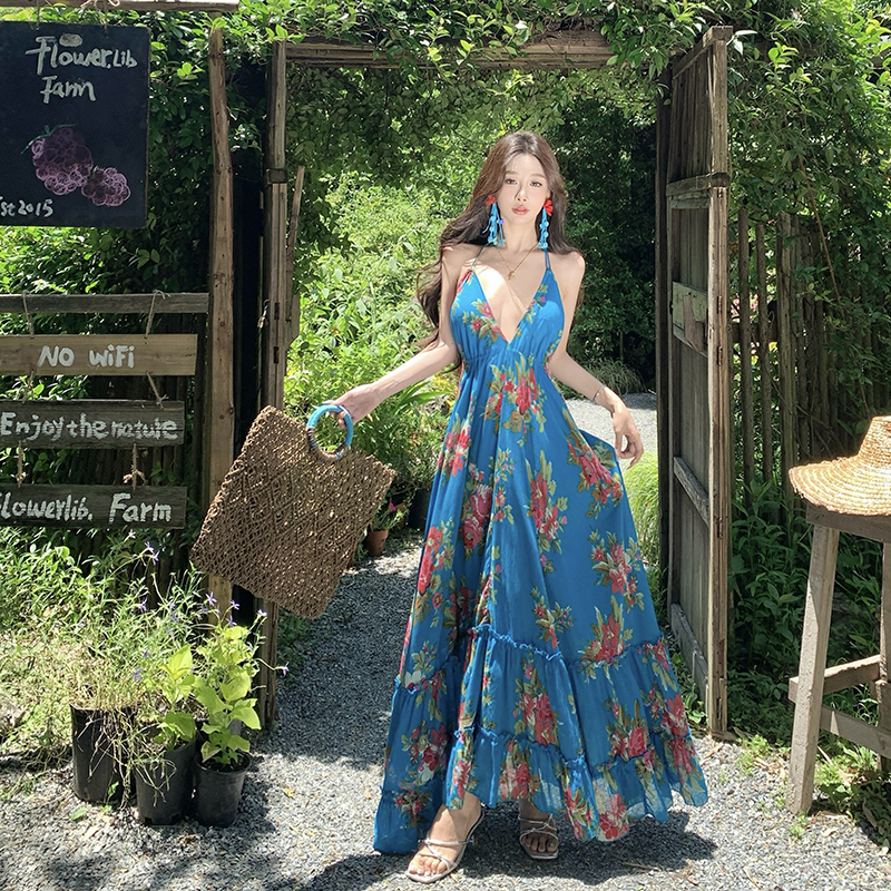 Halter pure cotton vacation sling retro V-neck dress