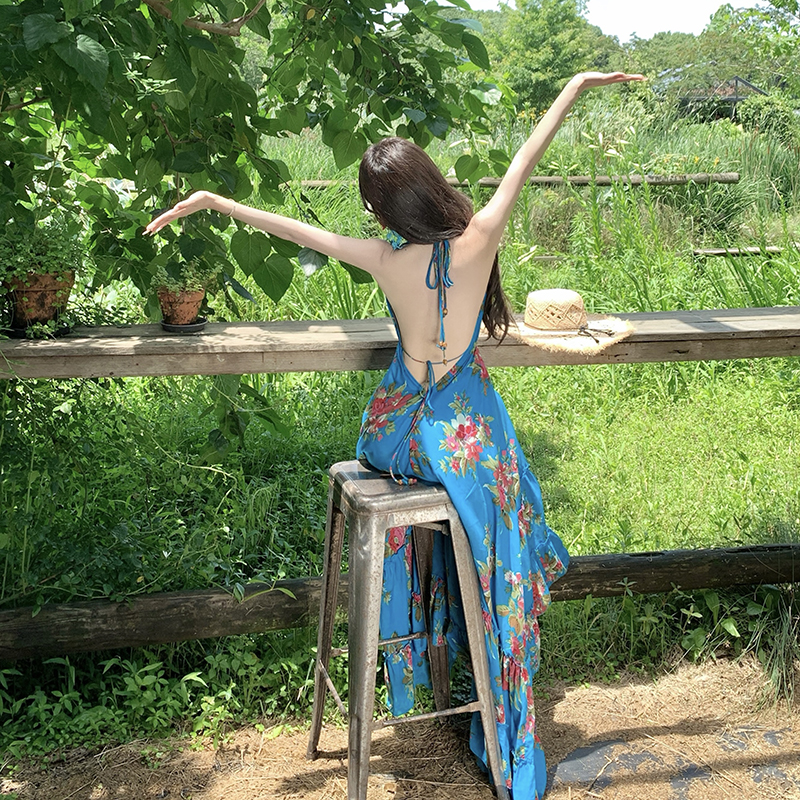 Halter pure cotton vacation sling retro V-neck dress