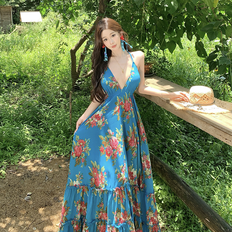 Halter pure cotton vacation sling retro V-neck dress