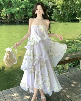 Lady lotus leaf edges dress floral vacation strap dress