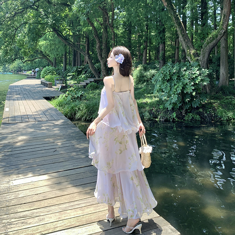 Lady lotus leaf edges dress floral vacation strap dress