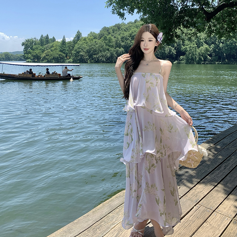 Lady lotus leaf edges dress floral vacation strap dress