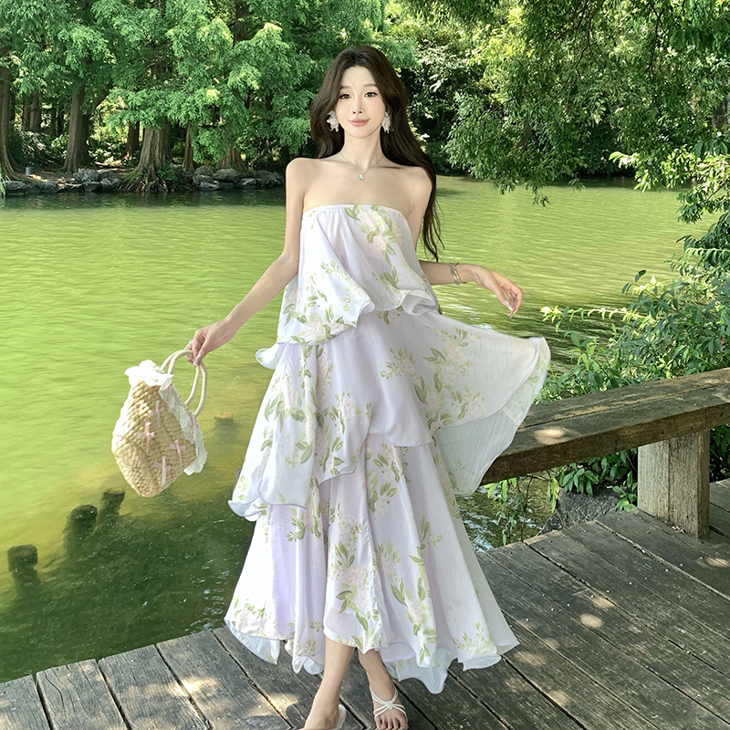 Lady lotus leaf edges dress floral vacation strap dress