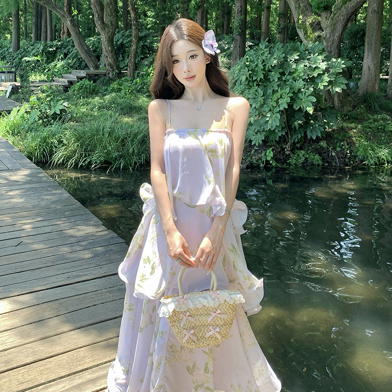 Lady lotus leaf edges dress floral vacation strap dress