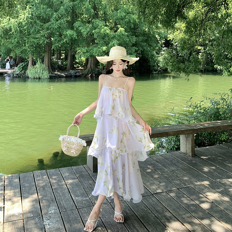 Lady lotus leaf edges dress floral vacation strap dress