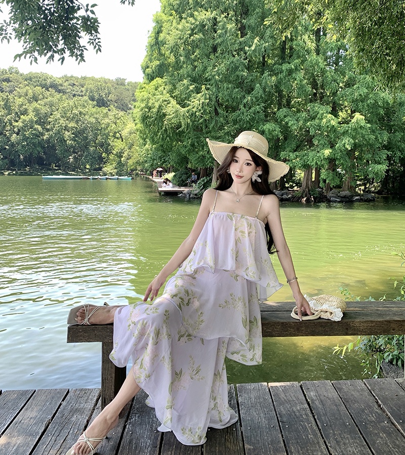 Lady lotus leaf edges dress floral vacation strap dress