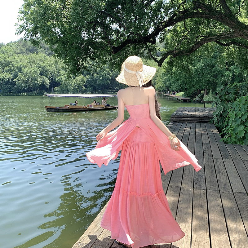 Wrapped chest seaside skirt maiden vacation tops a set