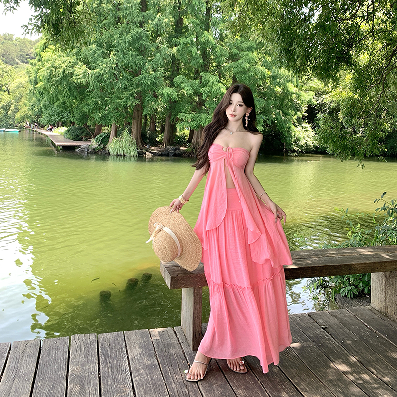 Wrapped chest seaside skirt maiden vacation tops a set