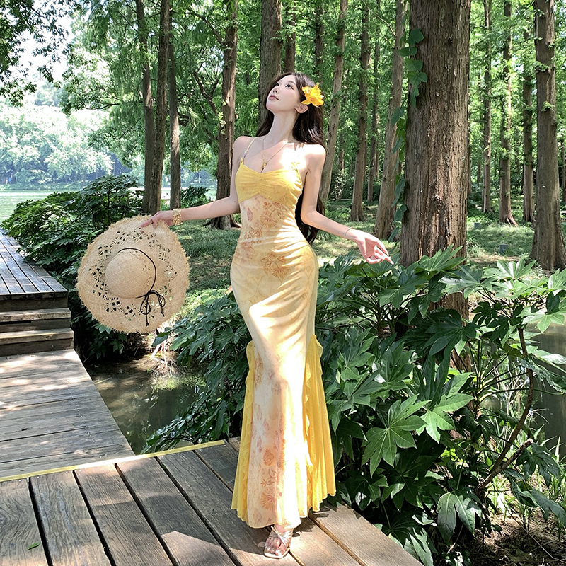 Lace slim gauze splice elasticity printing vacation dress