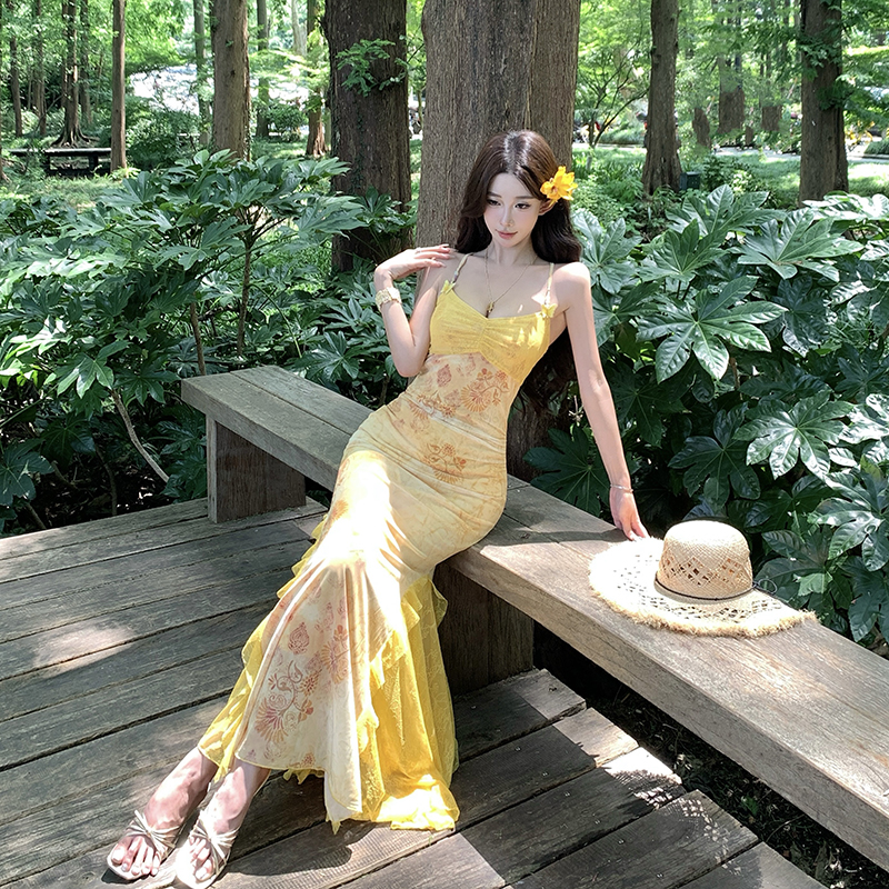 Lace slim gauze splice elasticity printing vacation dress