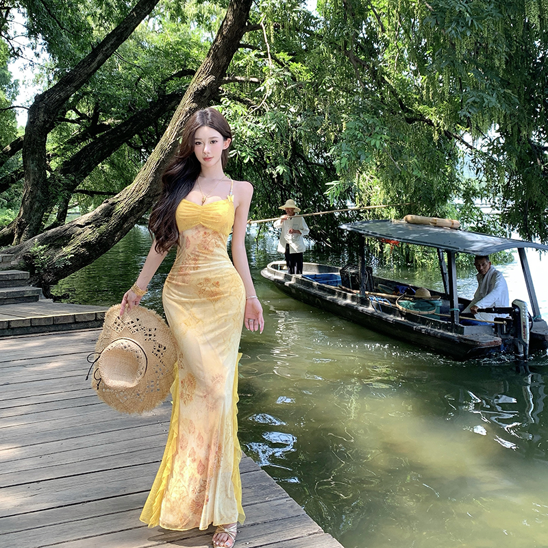 Lace slim gauze splice elasticity printing vacation dress