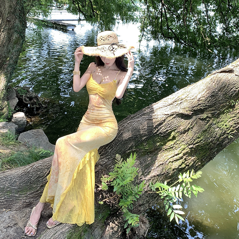 Lace slim gauze splice elasticity printing vacation dress