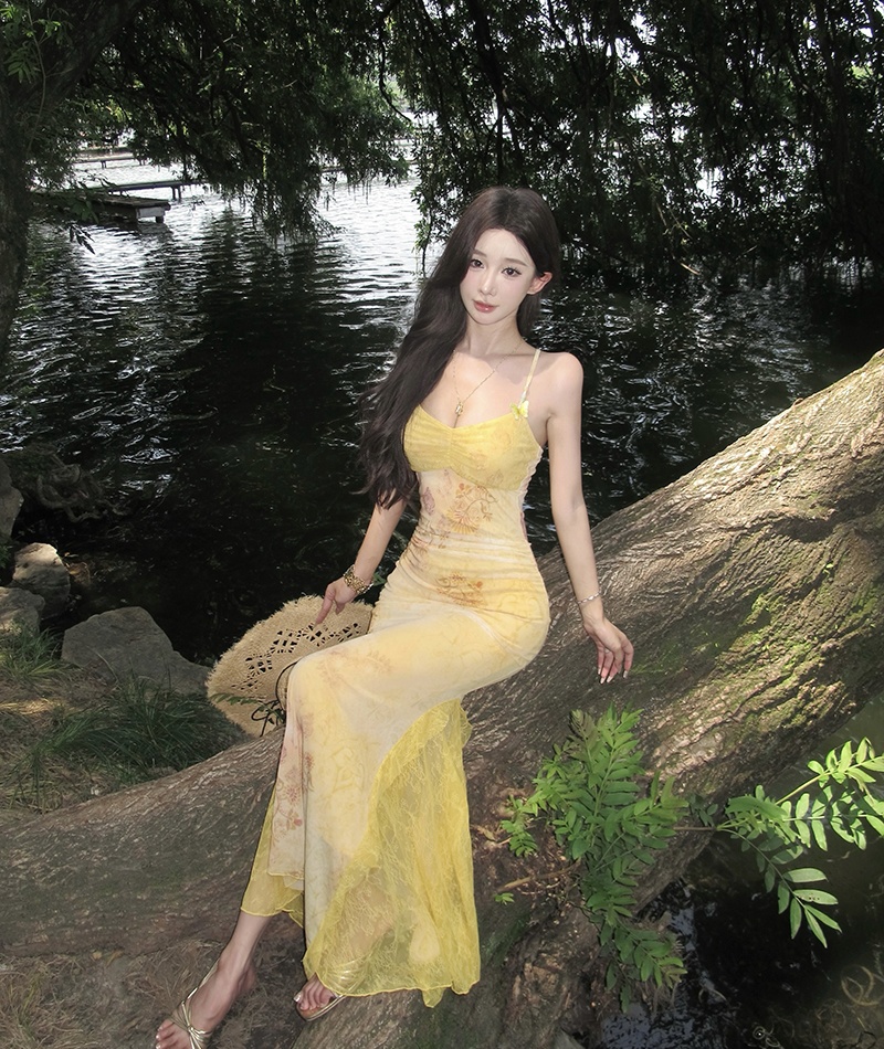 Lace slim gauze splice elasticity printing vacation dress