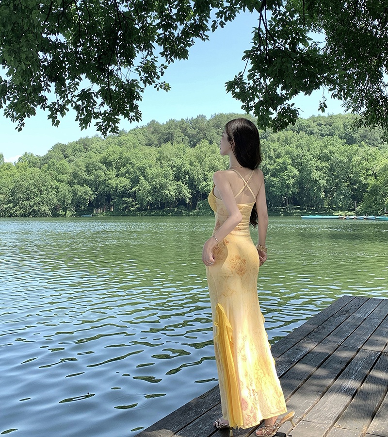 Lace slim gauze splice elasticity printing vacation dress