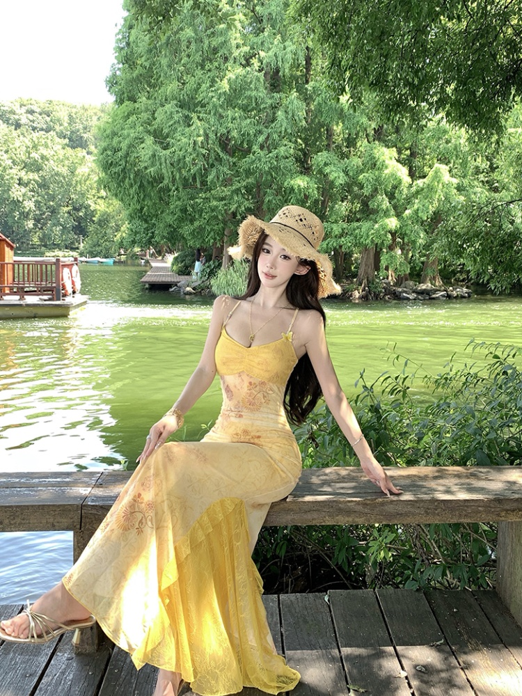 Lace slim gauze splice elasticity printing vacation dress