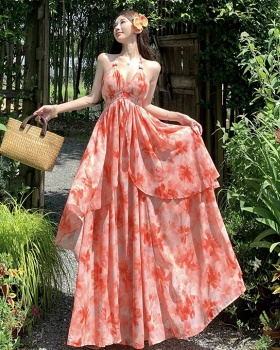 Vacation big skirt long dress V-neck sling dress