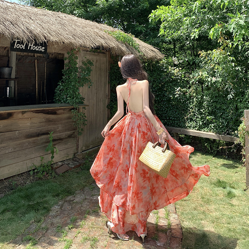 Vacation big skirt long dress V-neck sling dress