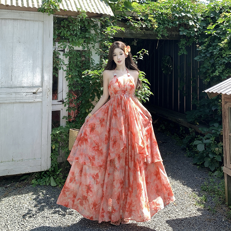 Vacation big skirt long dress V-neck sling dress