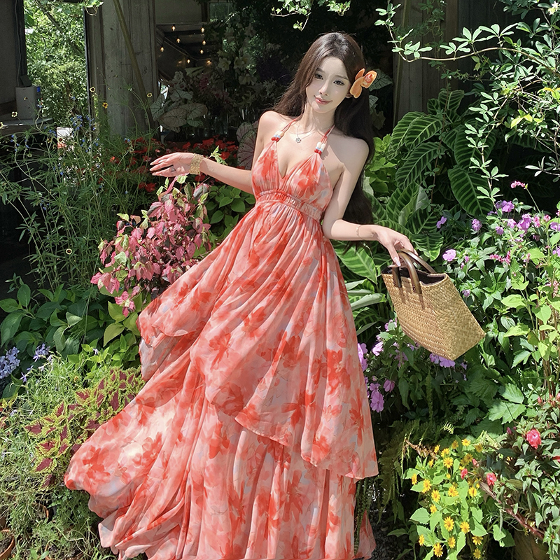 Vacation big skirt long dress V-neck sling dress