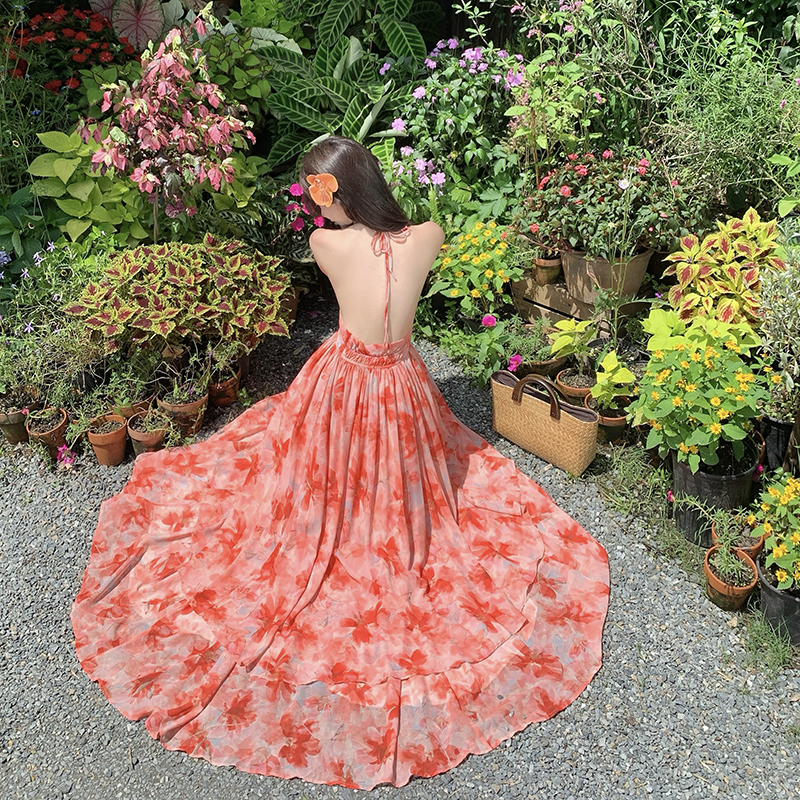 Vacation big skirt long dress V-neck sling dress