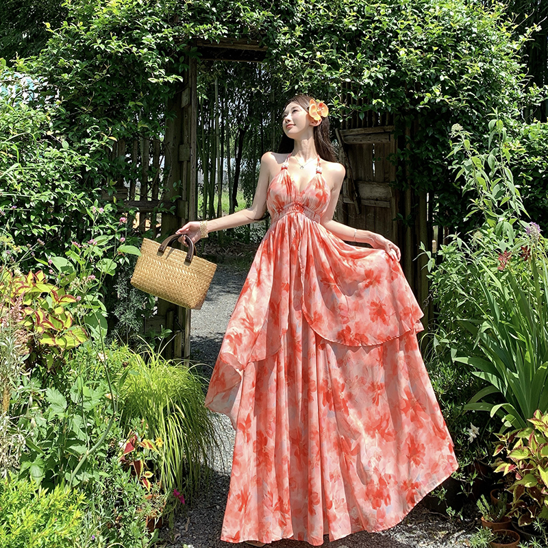 Vacation big skirt long dress V-neck sling dress