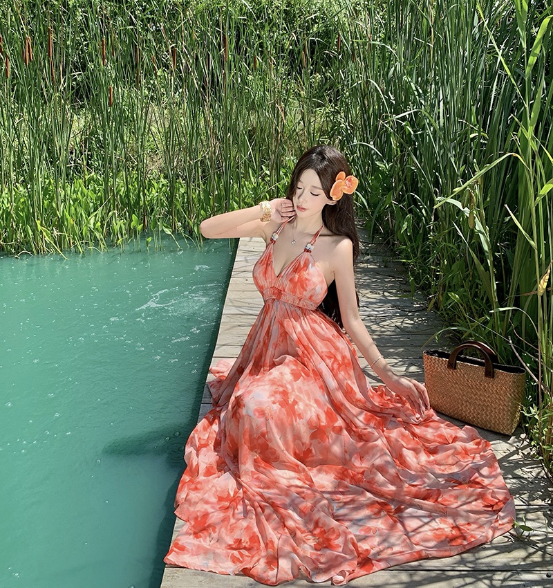 Vacation big skirt long dress V-neck sling dress