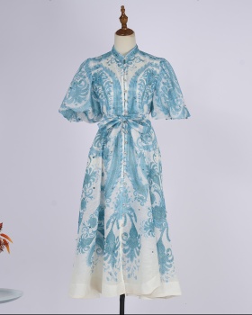 Retro refreshing round neck blue seaside summer dress