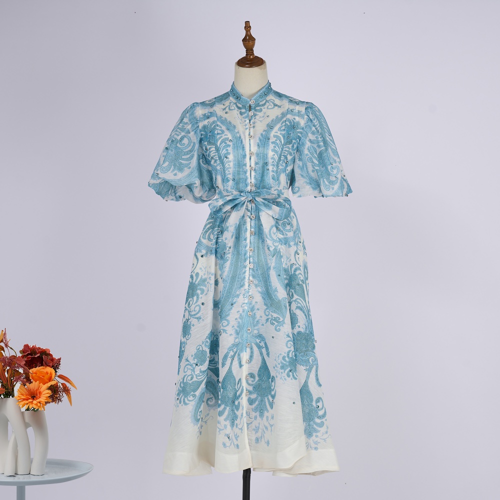Retro refreshing round neck blue seaside summer dress