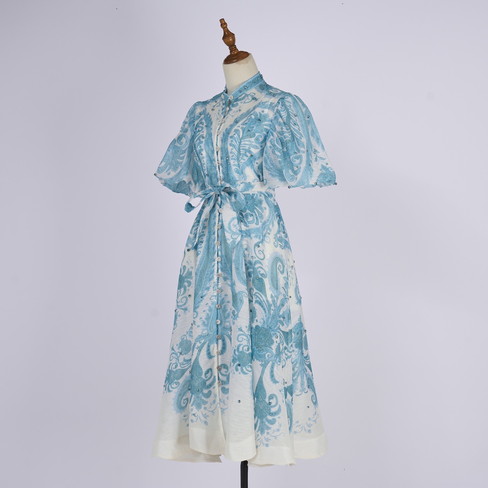 Retro refreshing round neck blue seaside summer dress