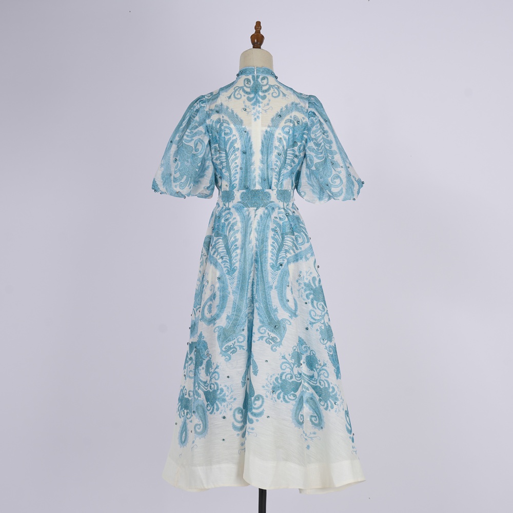 Retro refreshing round neck blue seaside summer dress