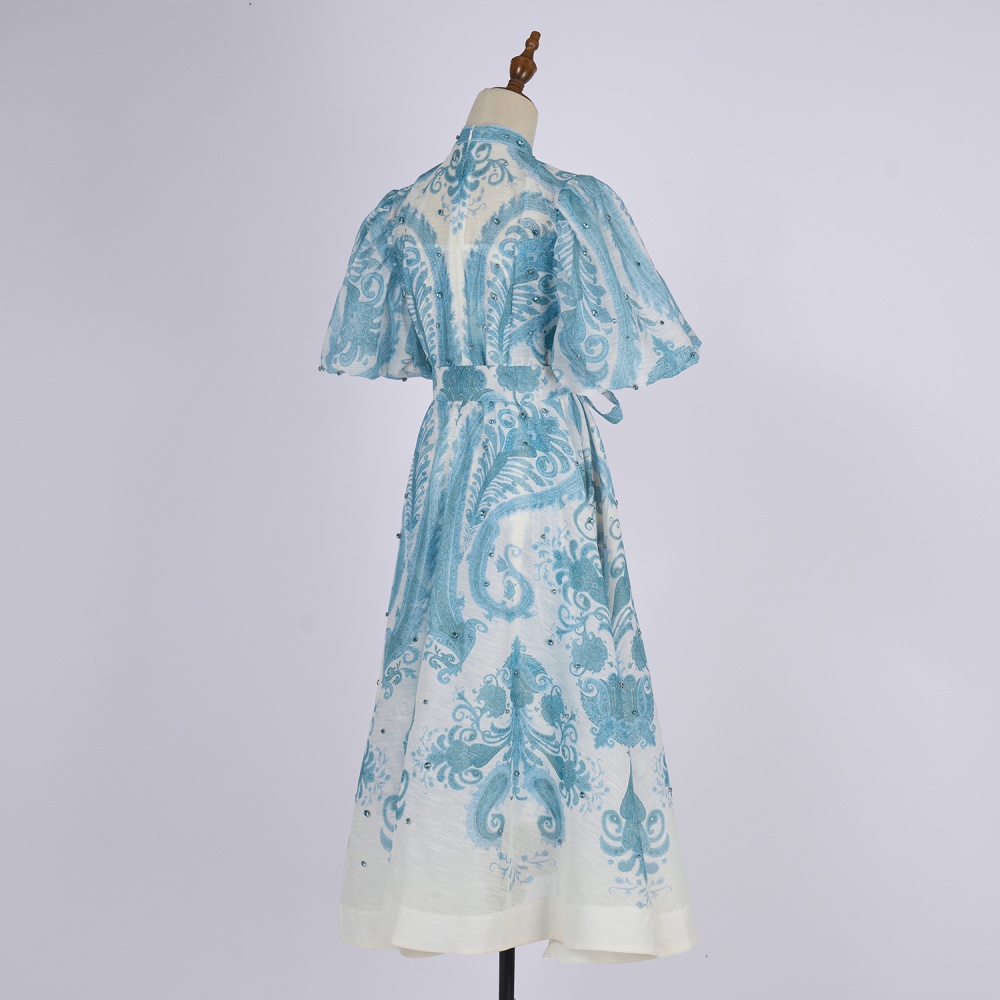 Retro refreshing round neck blue seaside summer dress