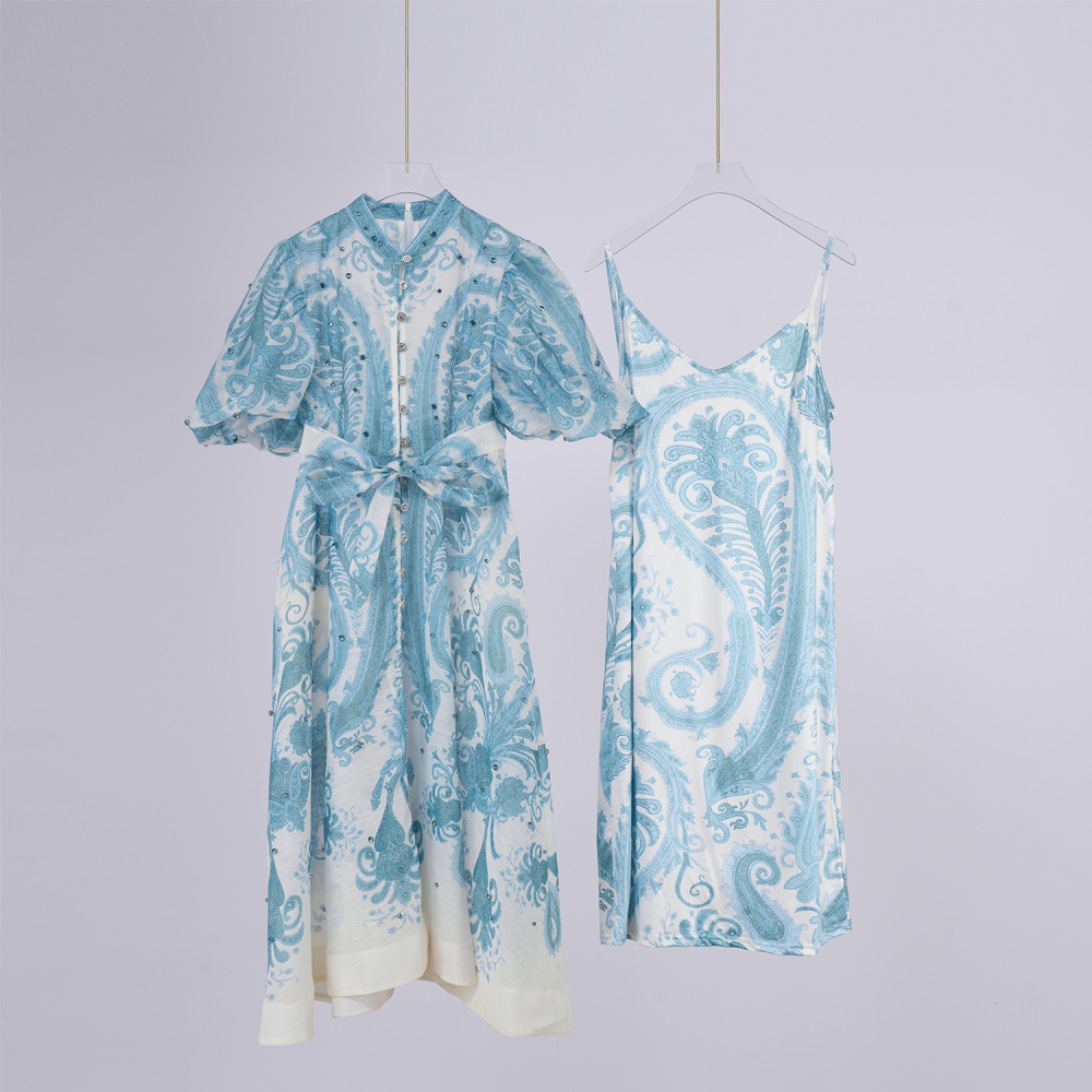 Retro refreshing round neck blue seaside summer dress