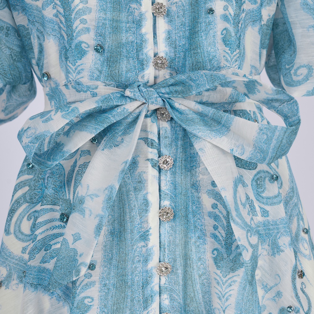 Retro refreshing round neck blue seaside summer dress