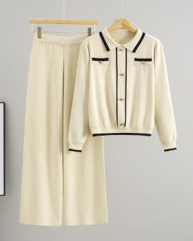 Long sleeve knitted wide leg pants lapel tops 2pcs set for women