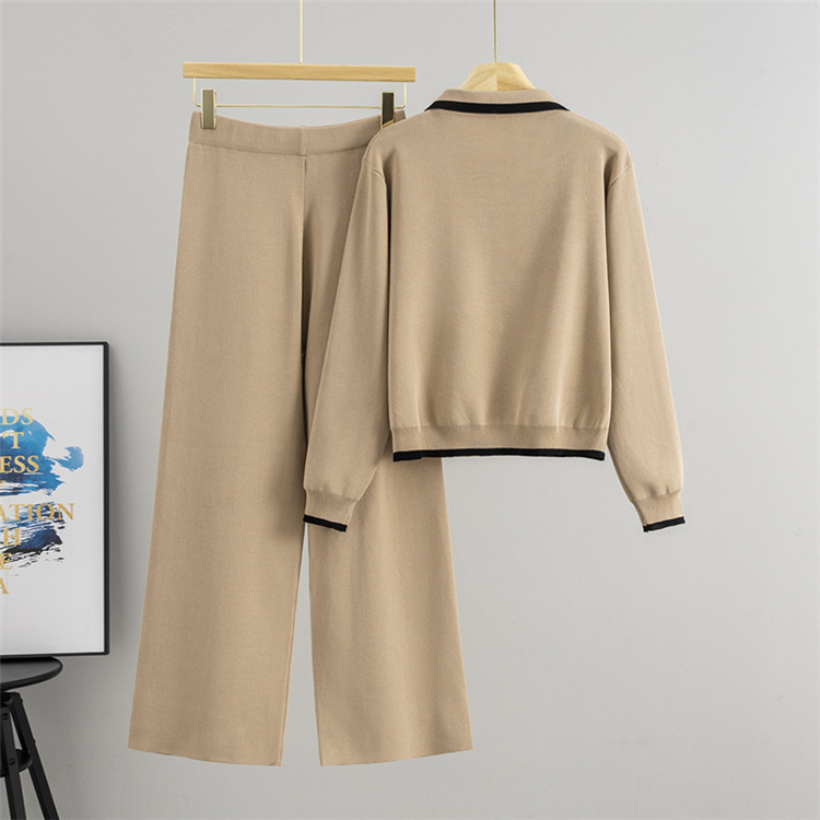 Long sleeve knitted wide leg pants lapel tops 2pcs set for women