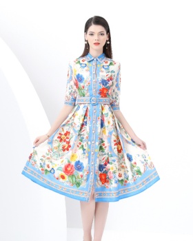 Lapel short sleeve vacation dress skirt hem long corset