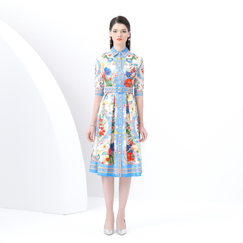Lapel short sleeve vacation dress skirt hem long corset
