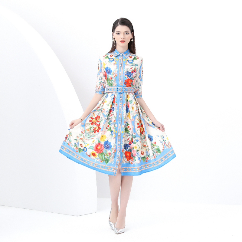 Lapel short sleeve vacation dress skirt hem long corset